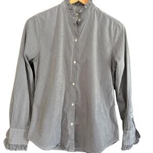NILI LOTAN | Lydia Ruffle Neck and Cuff Shirt in Black Stripe | Size Extra Small